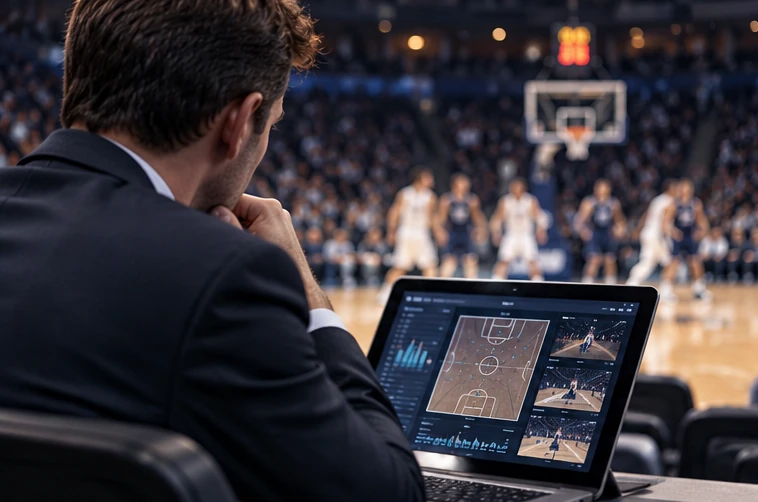 Basketball analyst reviewing game data on a laptop