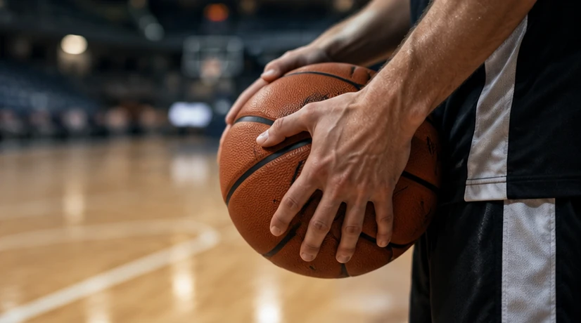 Close-up of a basketball held on an indoor court