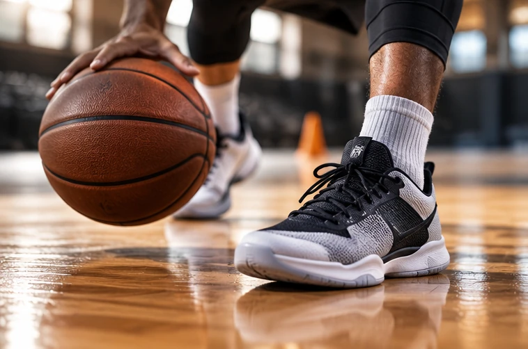 Basketball dribbling drill on a hardwood court