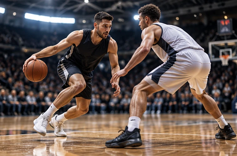 Two basketball players matched up one-on-one